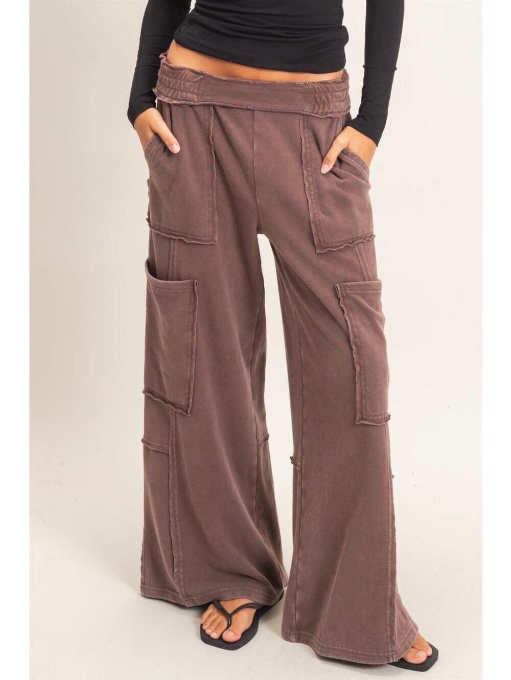 CloudDwellers Brown Mineral Washed Cotton Blend Wide Leg Cargo Sweatpants